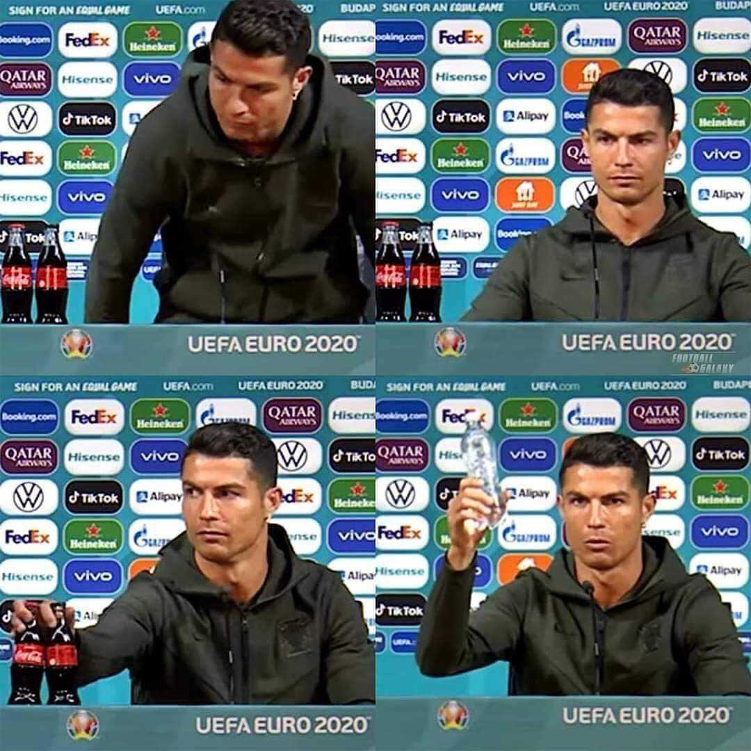 葡萄牙超級球星C羅(Cristiano Ronaldo)在首戰匈牙利的賽前記者會中受訪，僅憑一個動作，就讓可口可樂市值重挫。圖:翻攝自推特
